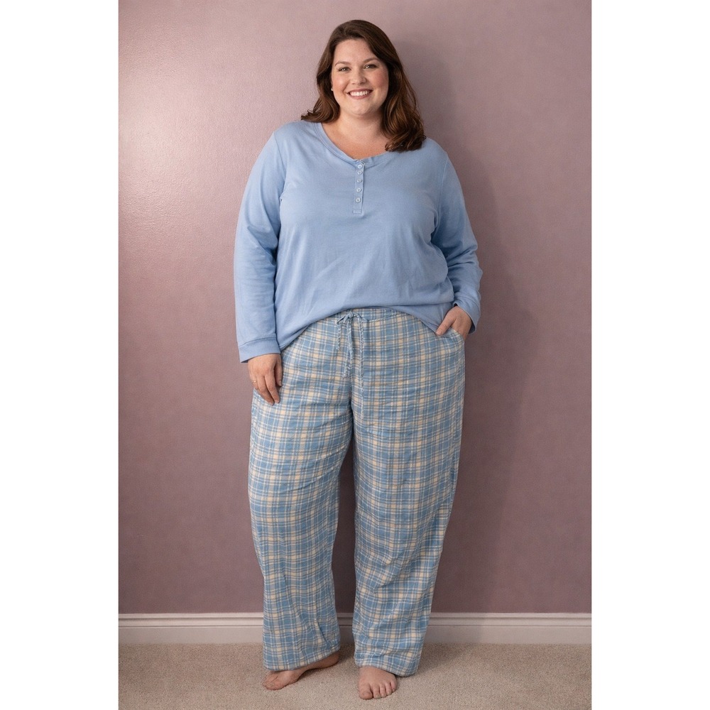 L.L.Bean 3X Women Plus‎ Blue Plaid Pajama Set Cotton Lounge Sleepwear Comfy